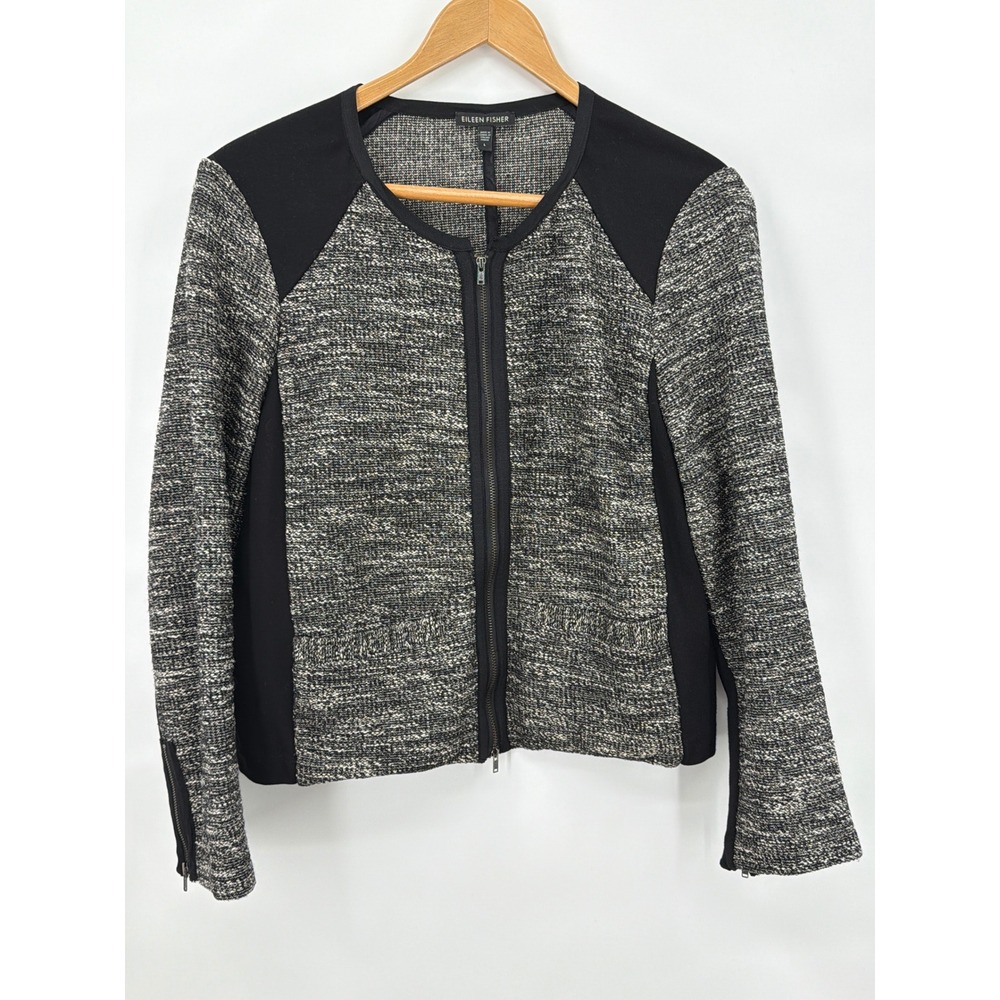 Eileen Fisher Mixed Media Zip Front Moto Jacket Italian Fabric Black White Lg